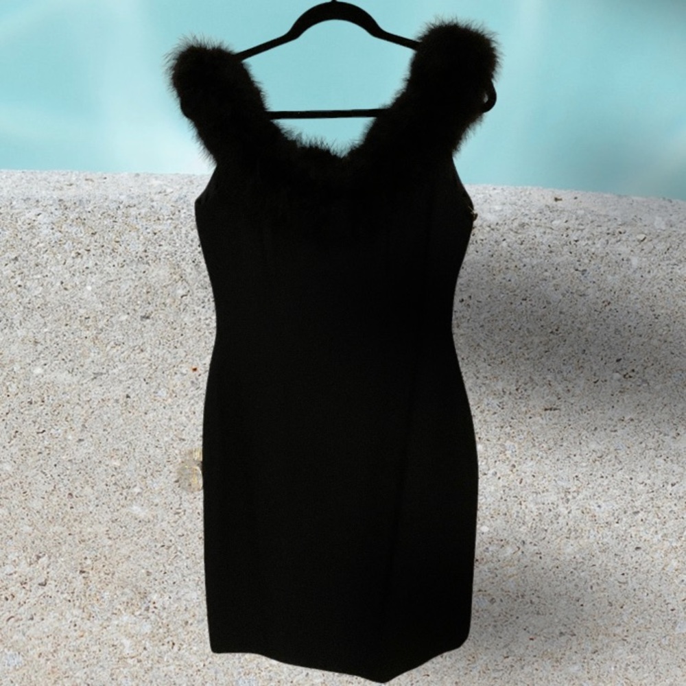 Chris Kole cocktail dress, NWT black off-shoulder feather neckline, Sz 12